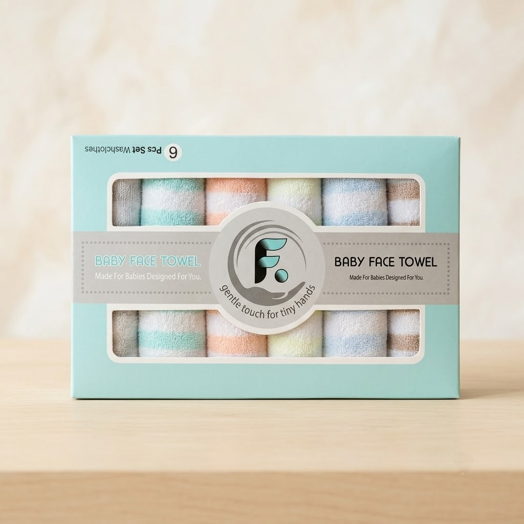 Ultra-Soft 6-Piece Baby Face Towel Set – Premium Cotton Striped Washcloths Gift Box for Newborns