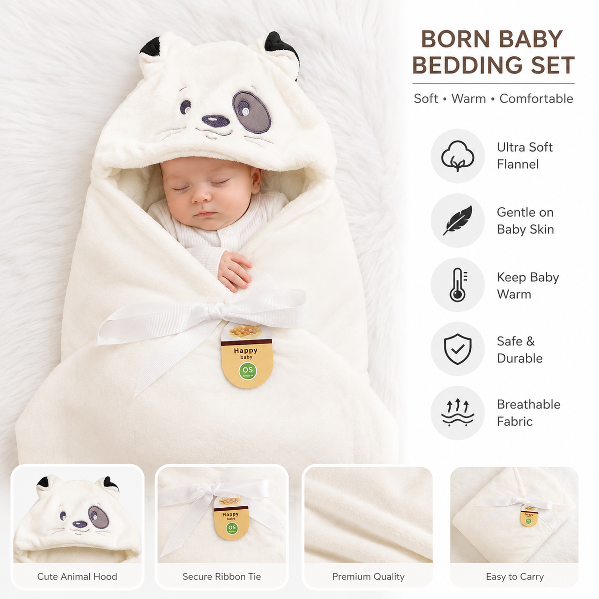 Panda Hooded Newborn Baby Wrap Blanket – Ultra Soft Flannel Swaddle with Ribbon Tie