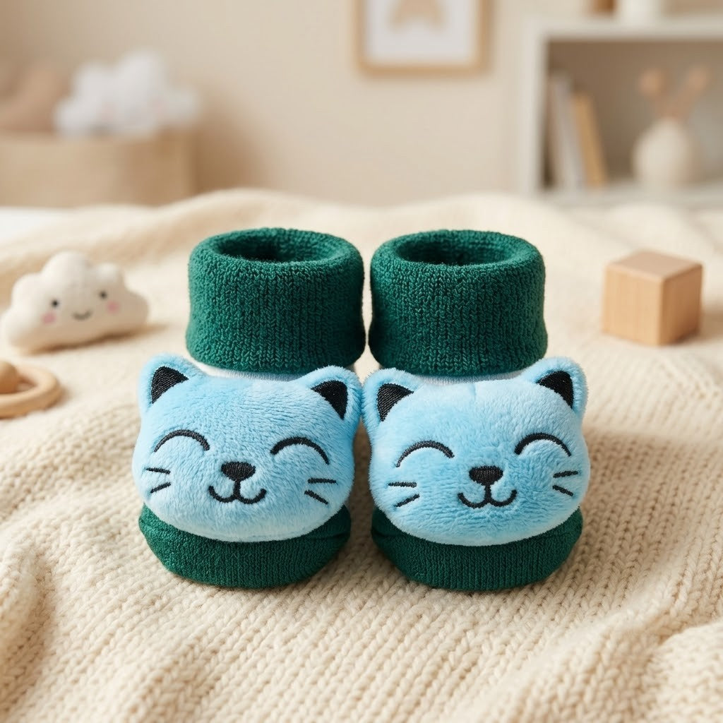 Ultra-Soft 3D Animal Plush Baby Bootie Socks – Anti-Slip Warm Winter Rattles Booties for Newborns (0-12M)