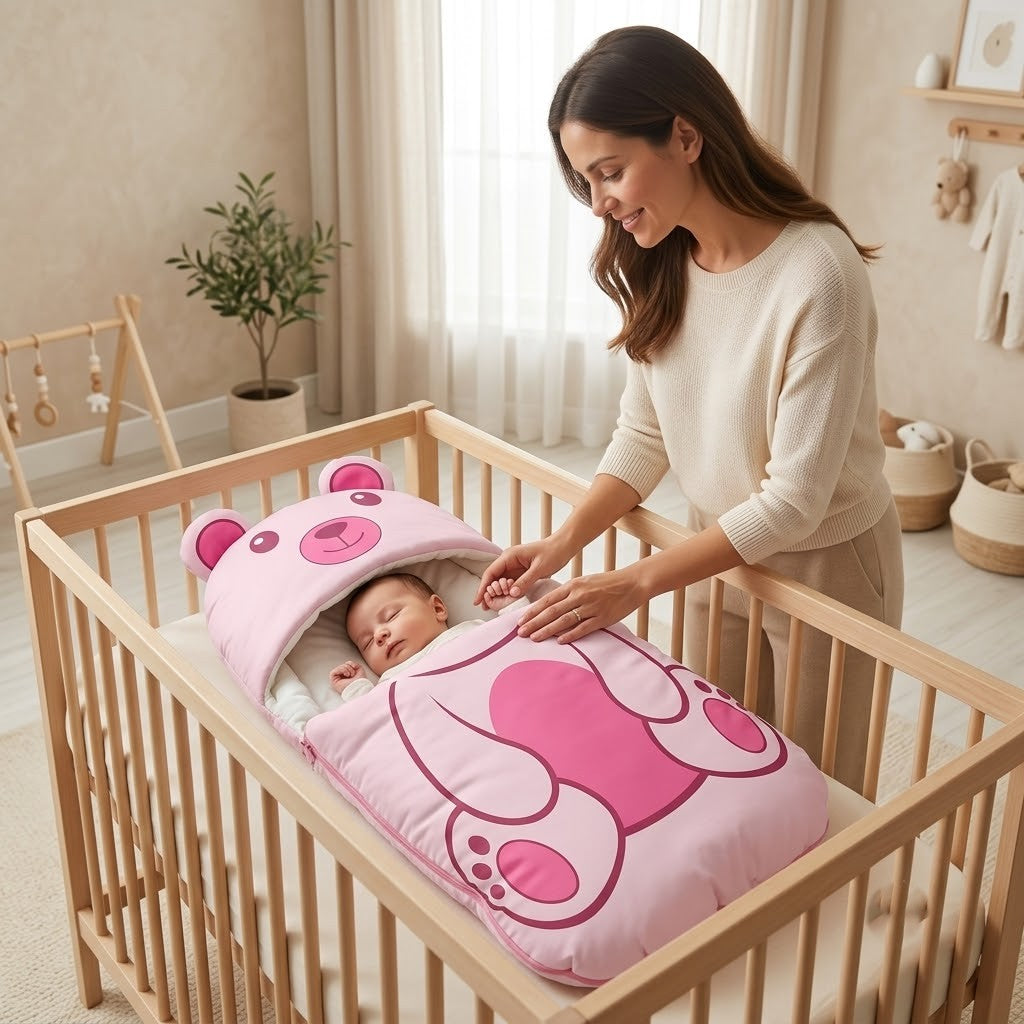 Ultra-Soft Pink Teddy Bear Baby Sleeping Bag with Head Shaping Pillow – Portable Newborn Nest & Carry Bed