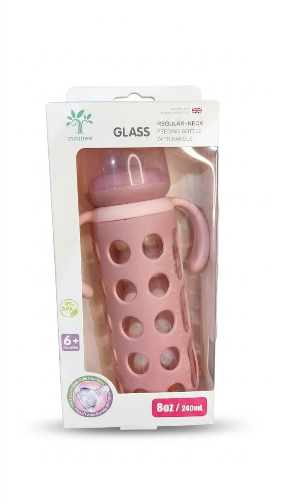 Glass Regular-Neck Feeding Bottle With Handle – 240ml (BPA-Free | Anti-Colic)