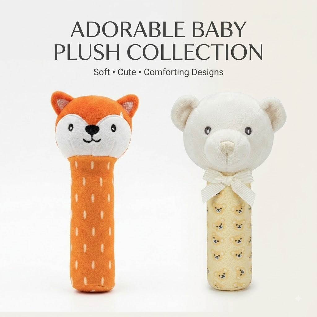 Ultra-Soft Plush Baby Stick Rattle Toy – Easy-Grip Animal Squeaker & Sensory Development Toy for Newborns