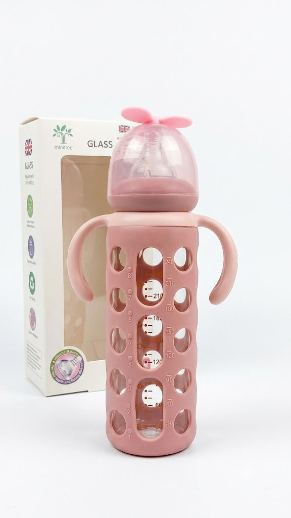 Glass Regular-Neck Feeding Bottle With Handle – 240ml (BPA-Free | Anti-Colic)