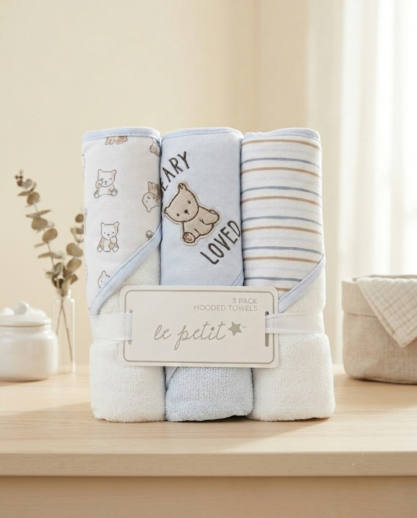 le petit™ 3-Pack Ultra-Soft Baby Hooded Towels Set – Absorbent Cotton Bath Towels for Newborns & Toddlers