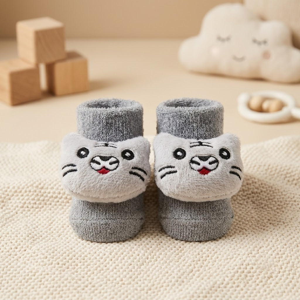 Ultra-Soft 3D Animal Plush Baby Bootie Socks – Anti-Slip Warm Winter Rattles Booties for Newborns (0-12M)