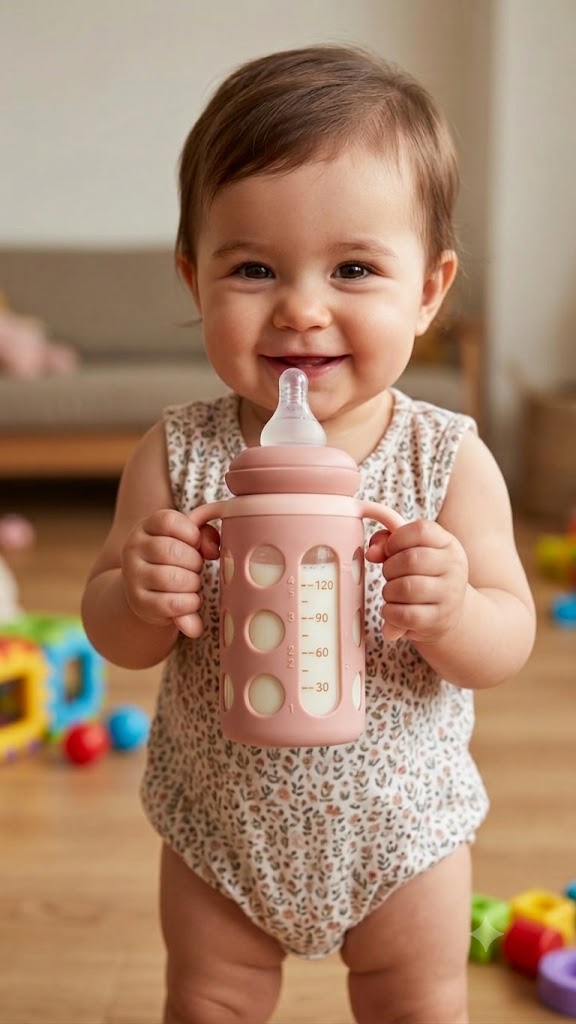 Glass Regular-Neck Feeding Bottle With Handle – 240ml (BPA-Free | Anti-Colic)
