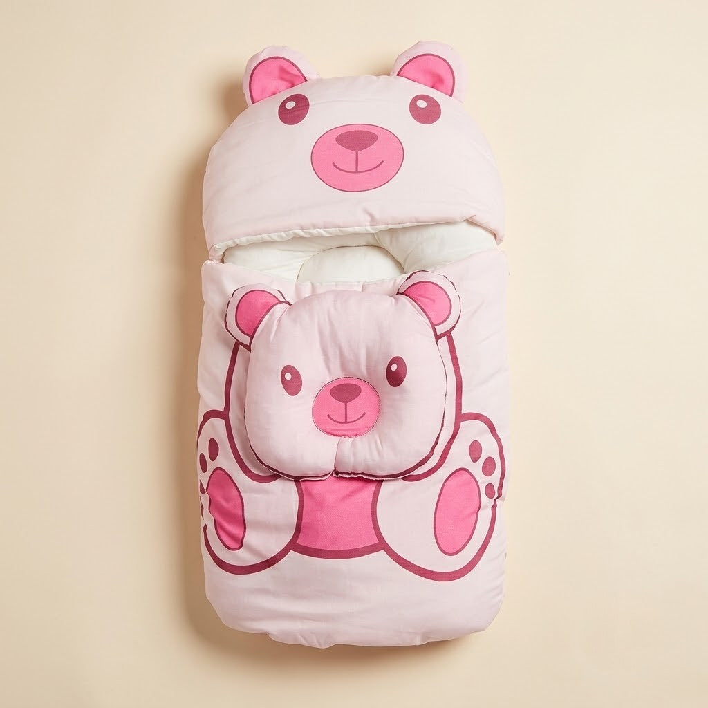 Ultra-Soft Pink Teddy Bear Baby Sleeping Bag with Head Shaping Pillow – Portable Newborn Nest & Carry Bed