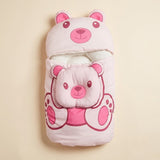 Ultra-Soft Pink Teddy Bear Baby Sleeping Bag with Head Shaping Pillow – Portable Newborn Nest & Carry Bed