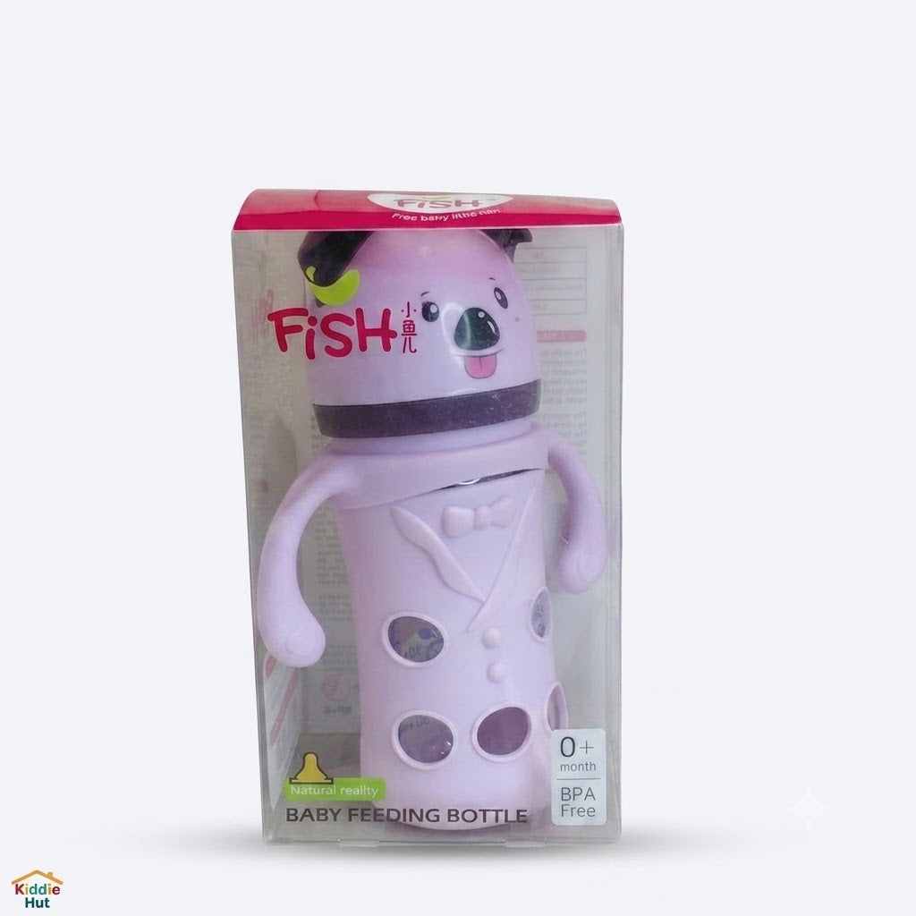 Fish Panda Baby Feeding Bottle – 240ml Borosilicate Glass with Silicone Sleeve & Easy-Grip Handles