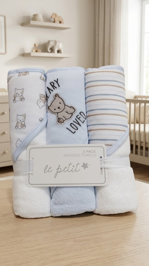 le petit™ 3-Pack Ultra-Soft Baby Hooded Towels Set – Absorbent Cotton Bath Towels for Newborns & Toddlers