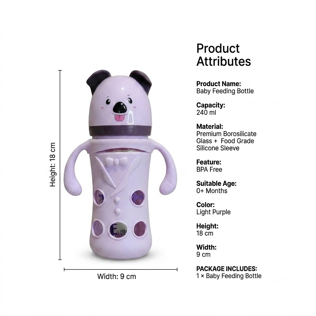 Fish Panda Baby Feeding Bottle – 240ml Borosilicate Glass with Silicone Sleeve & Easy-Grip Handles
