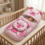 Ultra-Soft Pink Teddy Bear Baby Sleeping Bag with Head Shaping Pillow – Portable Newborn Nest & Carry Bed
