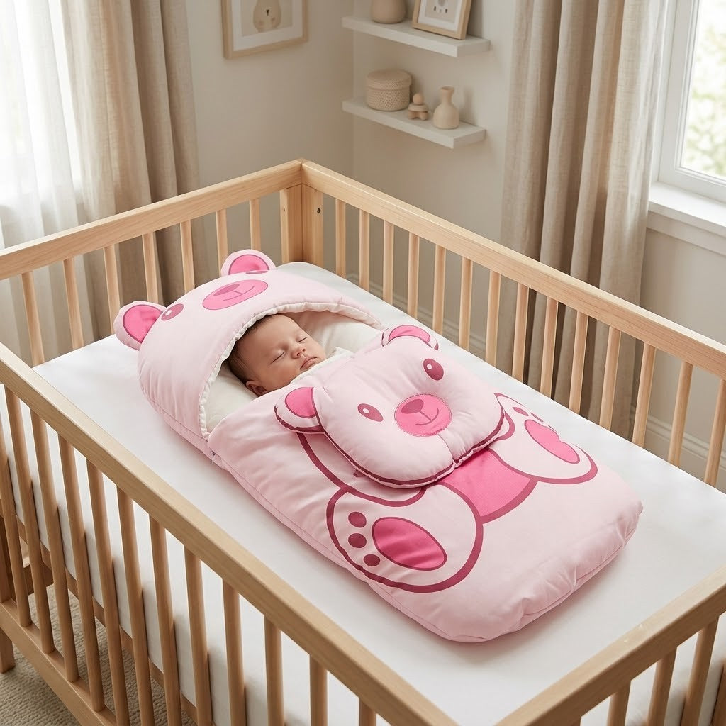 Ultra-Soft Pink Teddy Bear Baby Sleeping Bag with Head Shaping Pillow – Portable Newborn Nest & Carry Bed