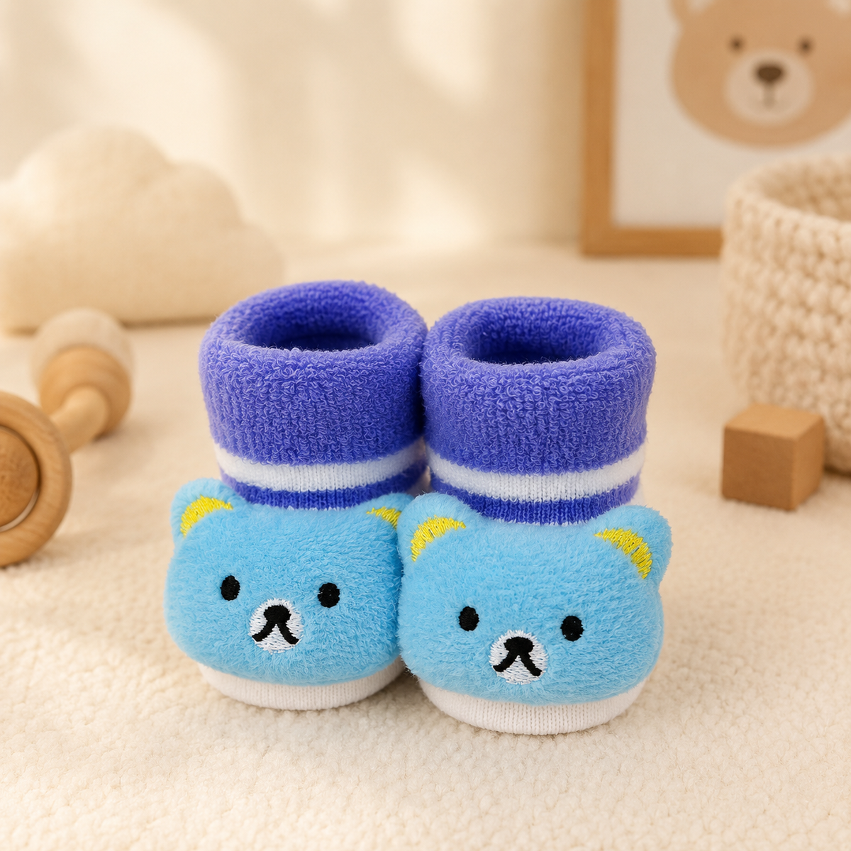 Ultra-Soft 3D Animal Plush Baby Bootie Socks – Anti-Slip Warm Winter Rattles Booties for Newborns (0-12M)