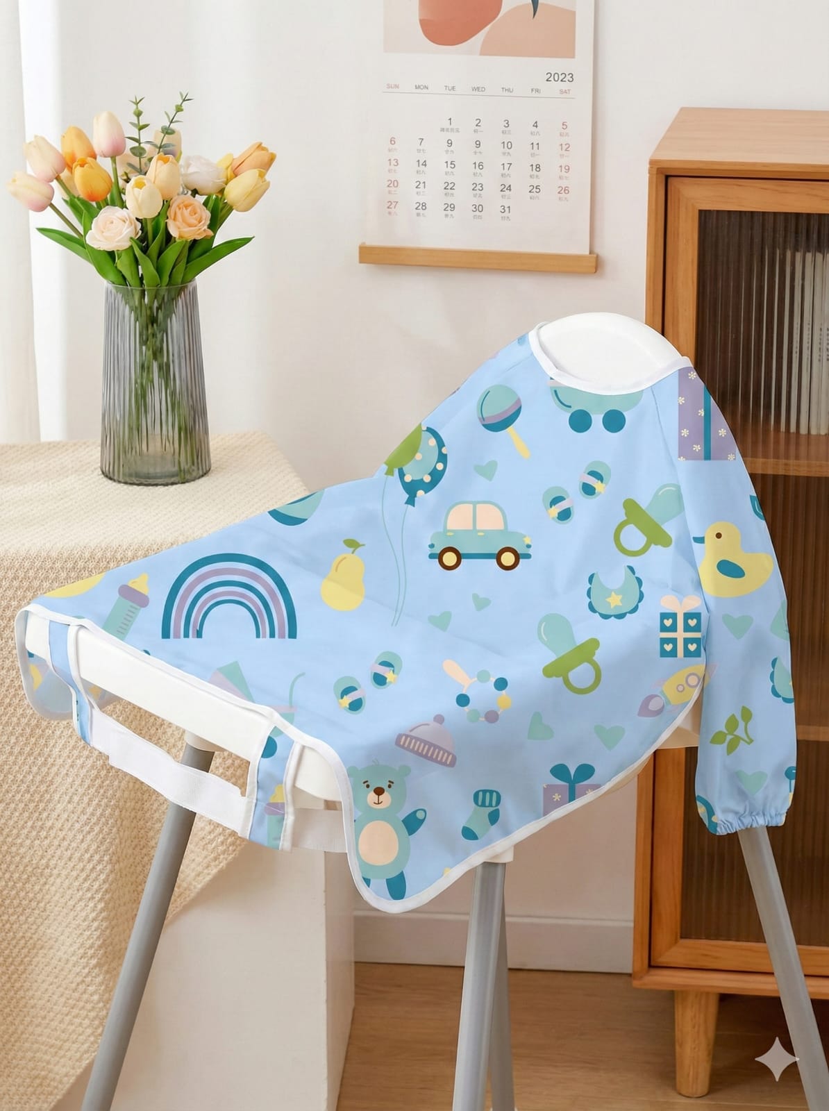 Full-Sleeve Adjustable Size Baby Bib with High-Chair & Table Covering