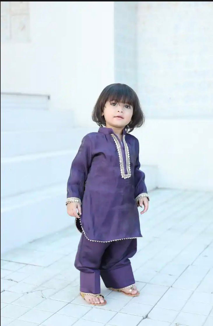 Hoor - deep purple baby girl kurta and farshi shalwar set with gold zari embroidery