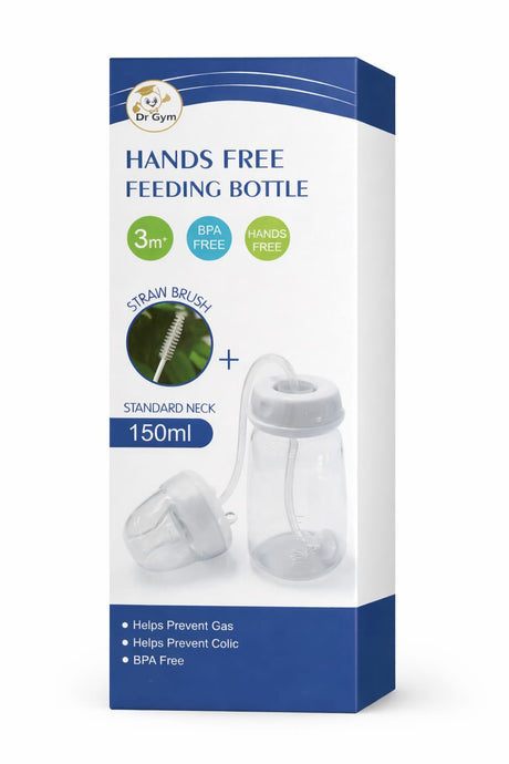 Baby using hands-free feeding bottle while parent multitasks