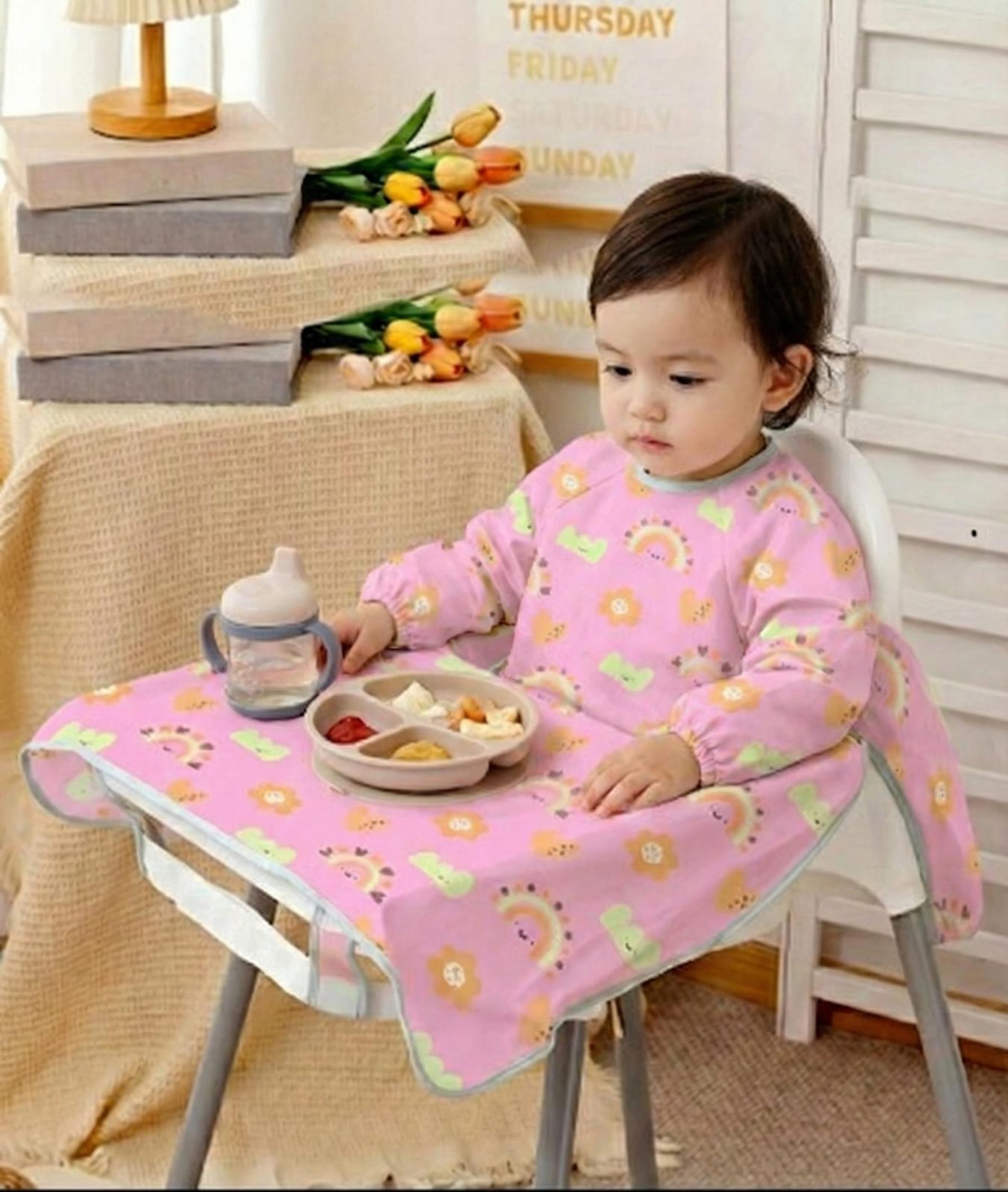 Full-Sleeve Adjustable Size Baby Bib with High-Chair & Table Covering