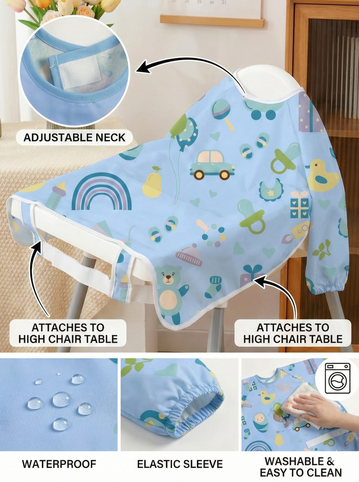 Full-Sleeve Adjustable Size Baby Bib with High-Chair & Table Covering