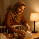 Mother placing Cloud Dreams sound machine near sleeping baby