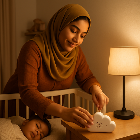 Mother placing Cloud Dreams sound machine near sleeping baby